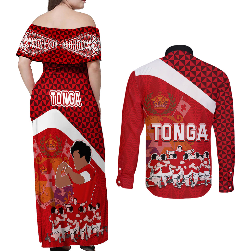 Tonga Rugby Couples Matching Off Shoulder Maxi Dress and Long Sleeve Button Shirts Sipi Tau Dance Coat of Arms Ngatu Pattern LT03 - Polynesian Pride