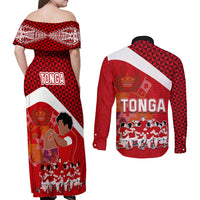 Tonga Rugby Couples Matching Off Shoulder Maxi Dress and Long Sleeve Button Shirts Sipi Tau Dance Coat of Arms Ngatu Pattern LT03 - Polynesian Pride