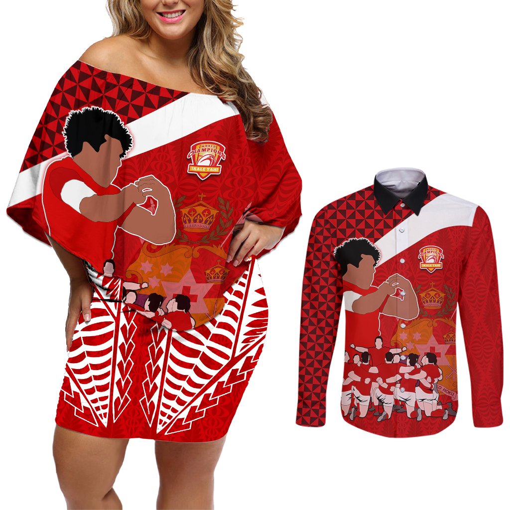 Tonga Rugby Couples Matching Off Shoulder Short Dress and Long Sleeve Button Shirts Sipi Tau Dance Coat of Arms Ngatu Pattern LT03 Red - Polynesian Pride
