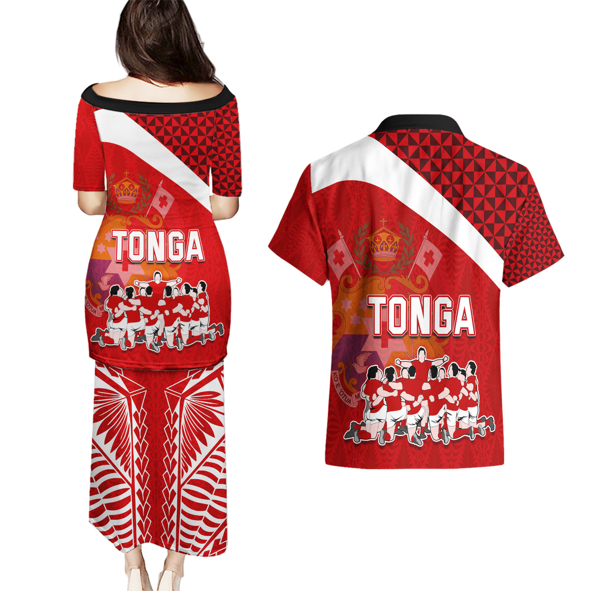 Tonga Rugby Couples Matching Puletasi Dress and Hawaiian Shirt Sipi Tau Dance Coat of Arms Ngatu Pattern LT03 - Polynesian Pride