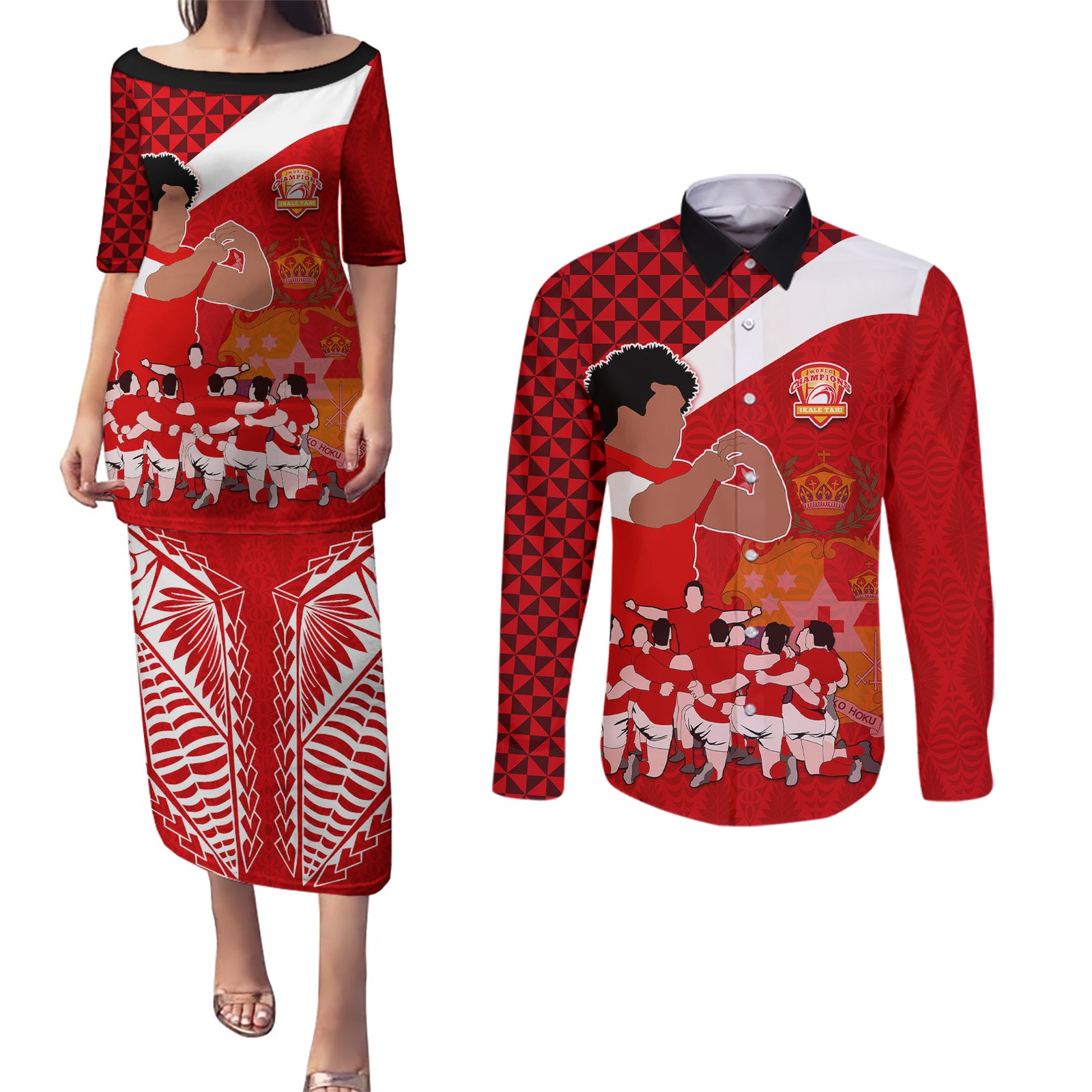 tonga-rugby-couples-matching-puletasi-dress-and-long-sleeve-button-shirts-sipi-tau-dance-coat-of-arms-ngatu-pattern