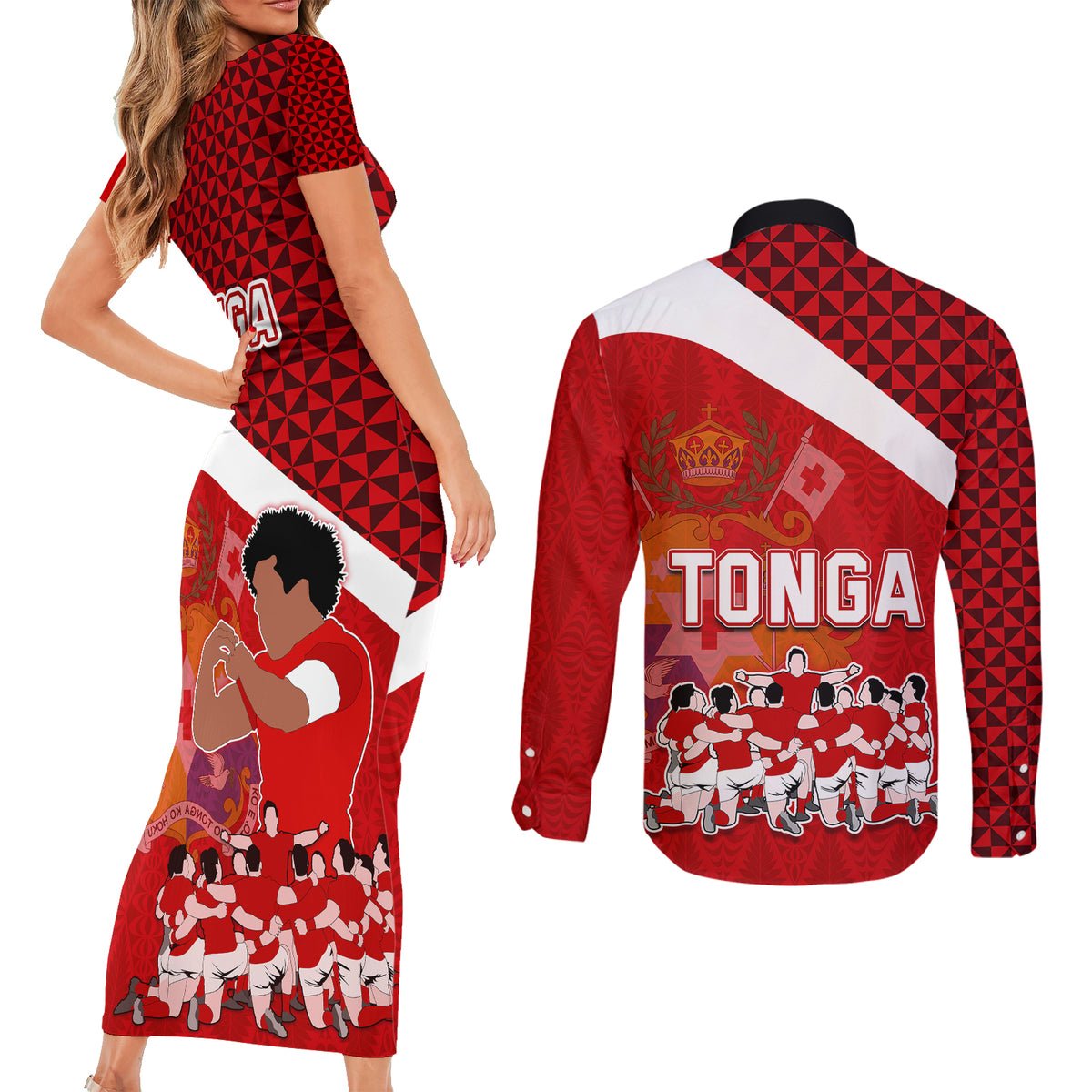 Tonga Rugby Couples Matching Short Sleeve Bodycon Dress and Long Sleeve Button Shirts Sipi Tau Dance Coat of Arms Ngatu Pattern LT03 - Polynesian Pride