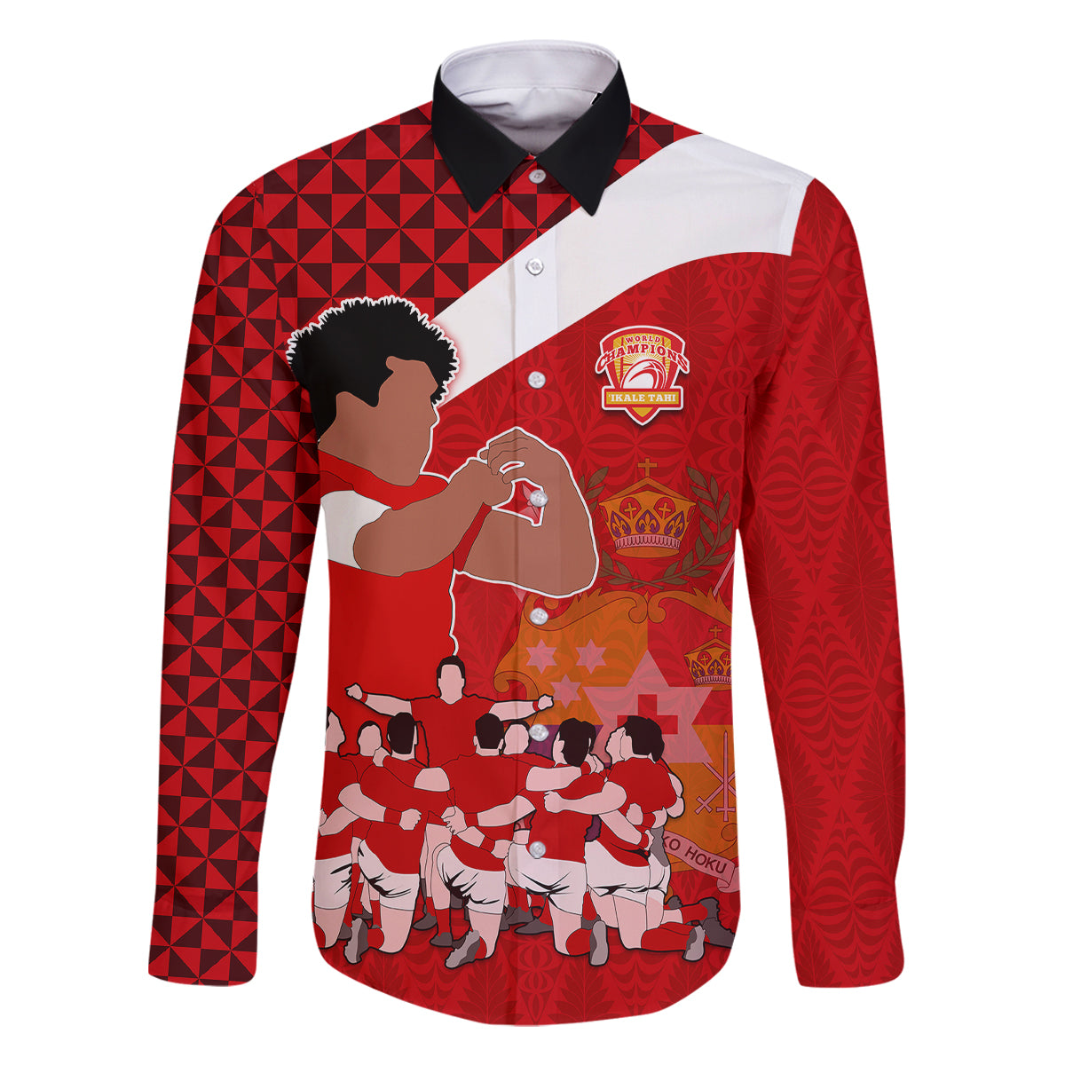 Tonga Rugby Family Matching Tank Maxi Dress and Hawaiian Shirt Sipi Tau Dance Coat of Arms Ngatu Pattern LT03 Dad's Shirt - Long Sleeve Red - Polynesian Pride
