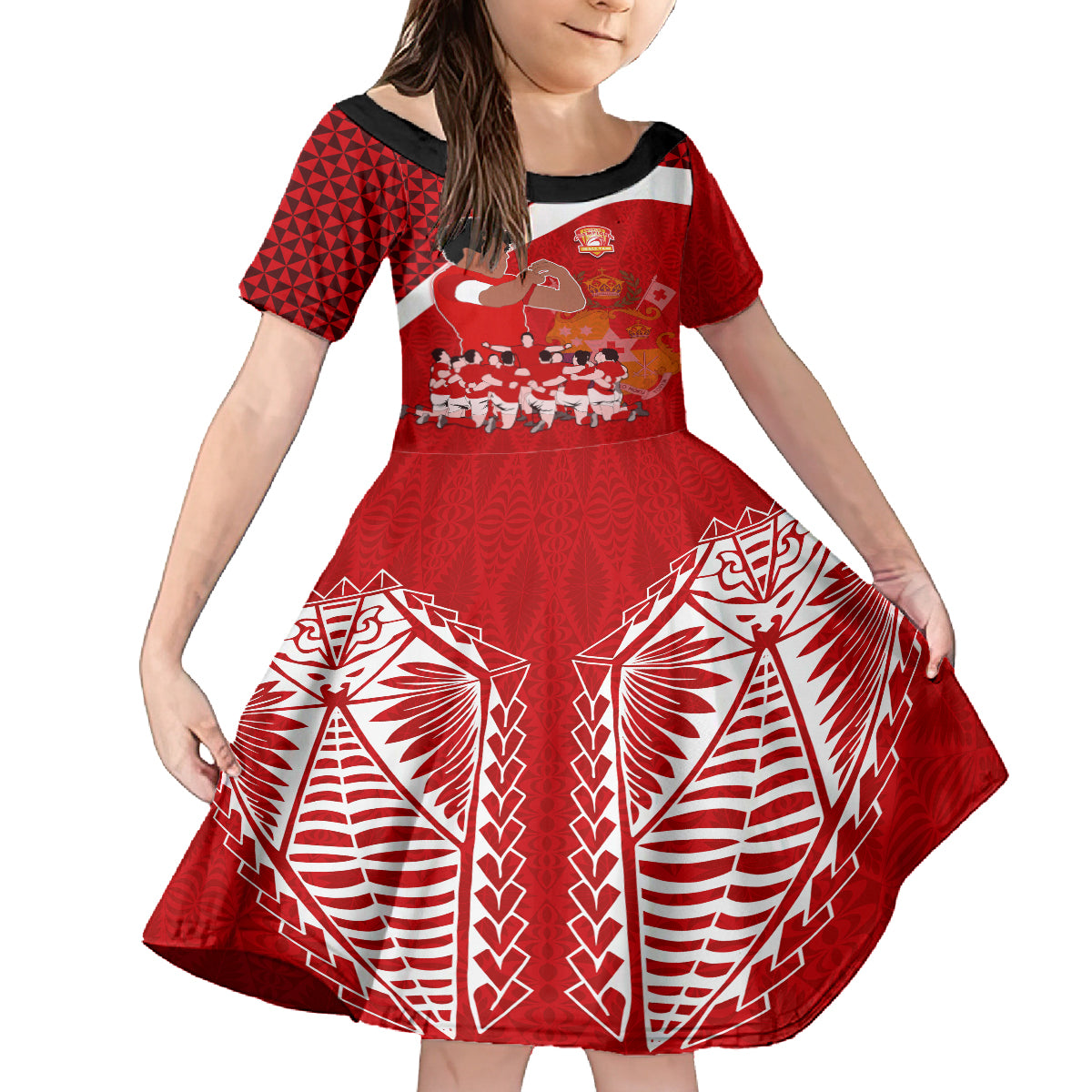 tonga-rugby-kid-short-sleeve-dress-sipi-tau-dance-coat-of-arms-ngatu-pattern