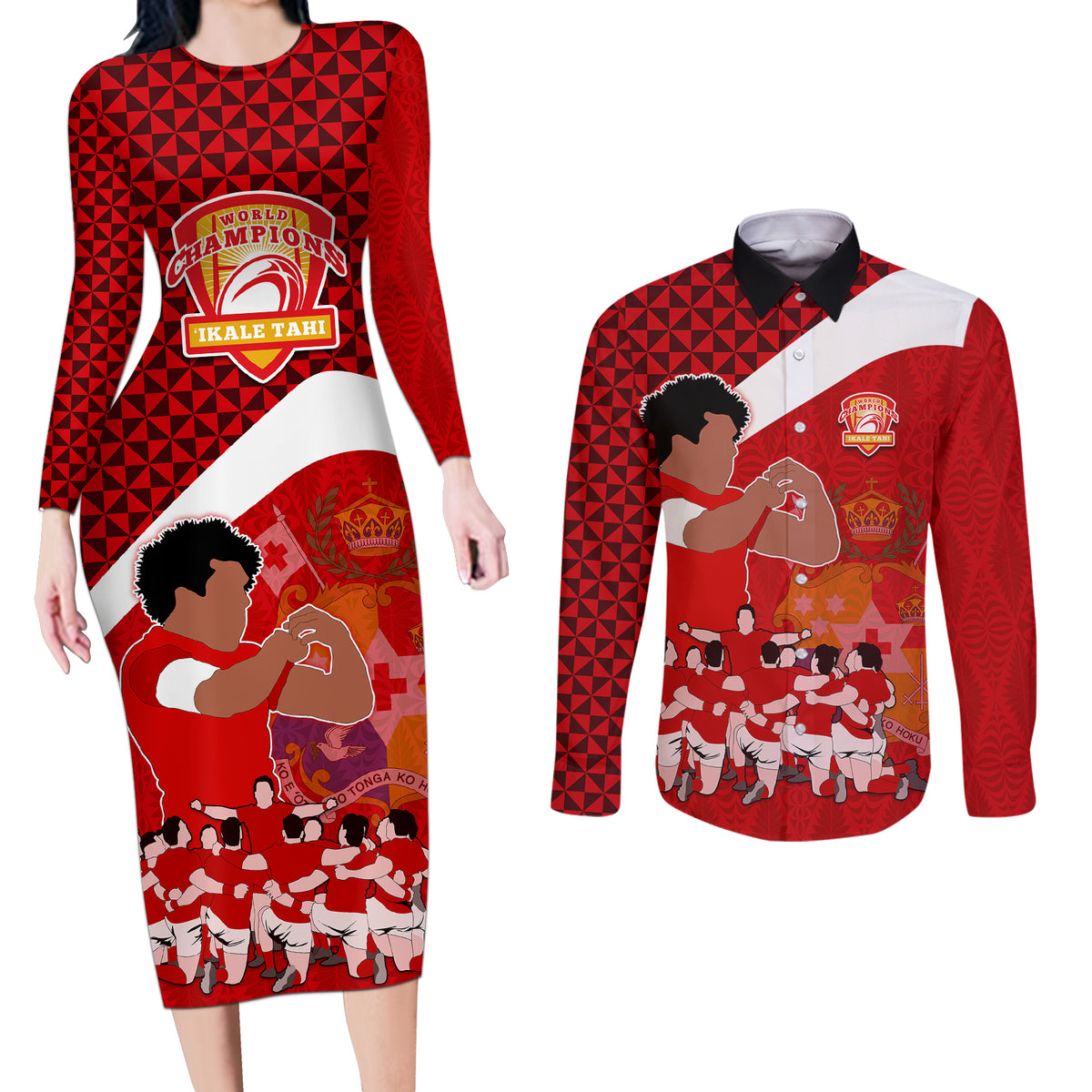Personalised Tonga Rugby Couples Matching Long Sleeve Bodycon Dress and Long Sleeve Button Shirts Sipi Tau Dance Coat of Arms Ngatu Pattern LT03 Red - Polynesian Pride