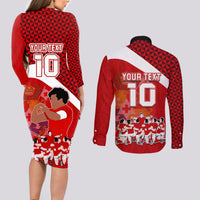Personalised Tonga Rugby Couples Matching Long Sleeve Bodycon Dress and Long Sleeve Button Shirts Sipi Tau Dance Coat of Arms Ngatu Pattern LT03 - Polynesian Pride