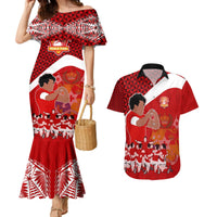 Personalised Tonga Rugby Couples Matching Mermaid Dress and Hawaiian Shirt Sipi Tau Dance Coat of Arms Ngatu Pattern LT03 Red - Polynesian Pride