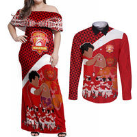 Personalised Tonga Rugby Couples Matching Off Shoulder Maxi Dress and Long Sleeve Button Shirts Sipi Tau Dance Coat of Arms Ngatu Pattern LT03 Red - Polynesian Pride