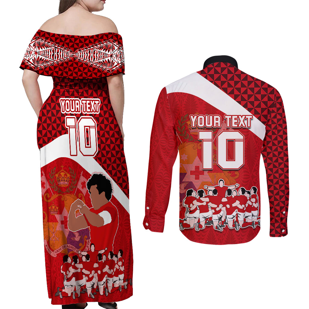Personalised Tonga Rugby Couples Matching Off Shoulder Maxi Dress and Long Sleeve Button Shirts Sipi Tau Dance Coat of Arms Ngatu Pattern LT03 - Polynesian Pride