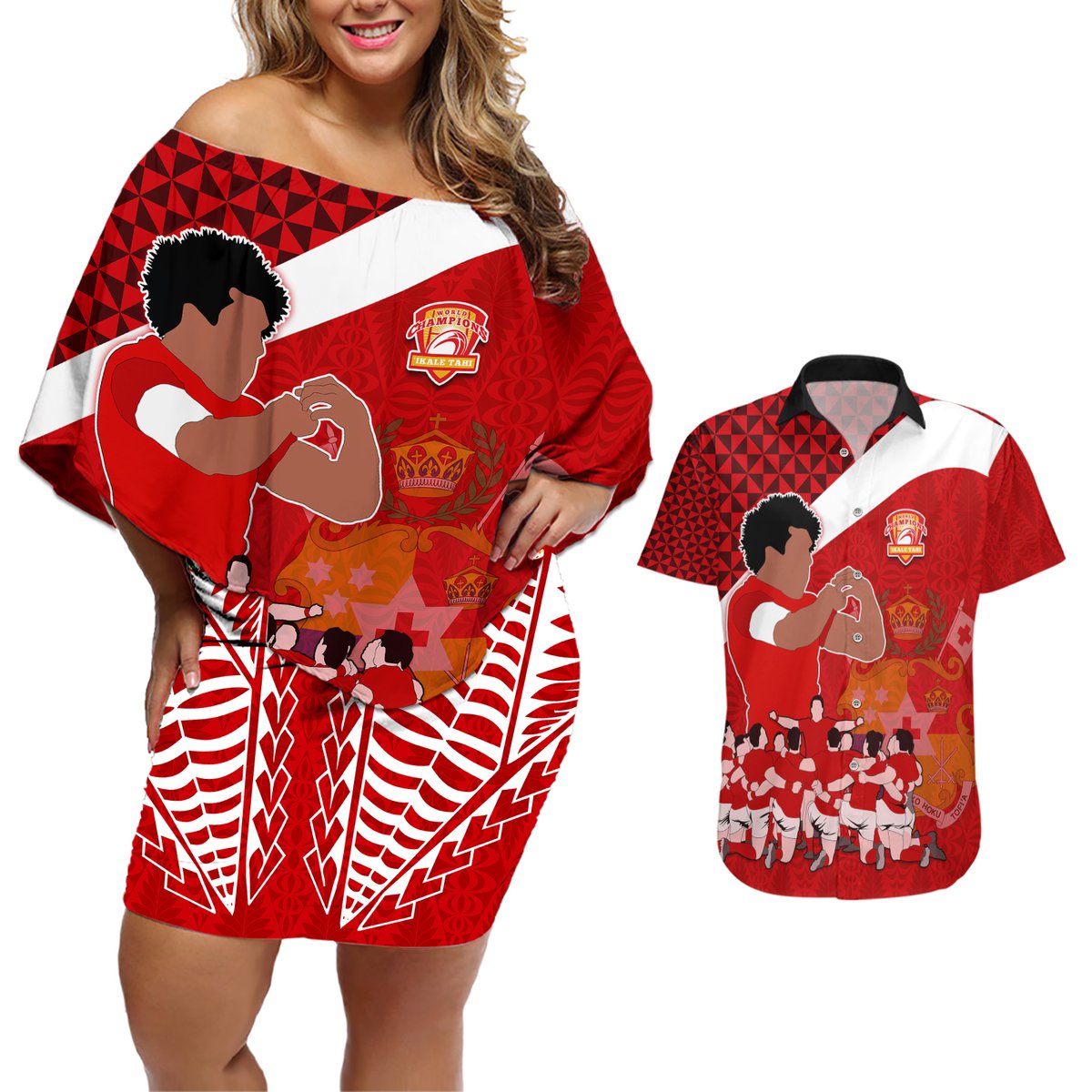 Personalised Tonga Rugby Couples Matching Off Shoulder Short Dress and Hawaiian Shirt Sipi Tau Dance Coat of Arms Ngatu Pattern LT03 Red - Polynesian Pride