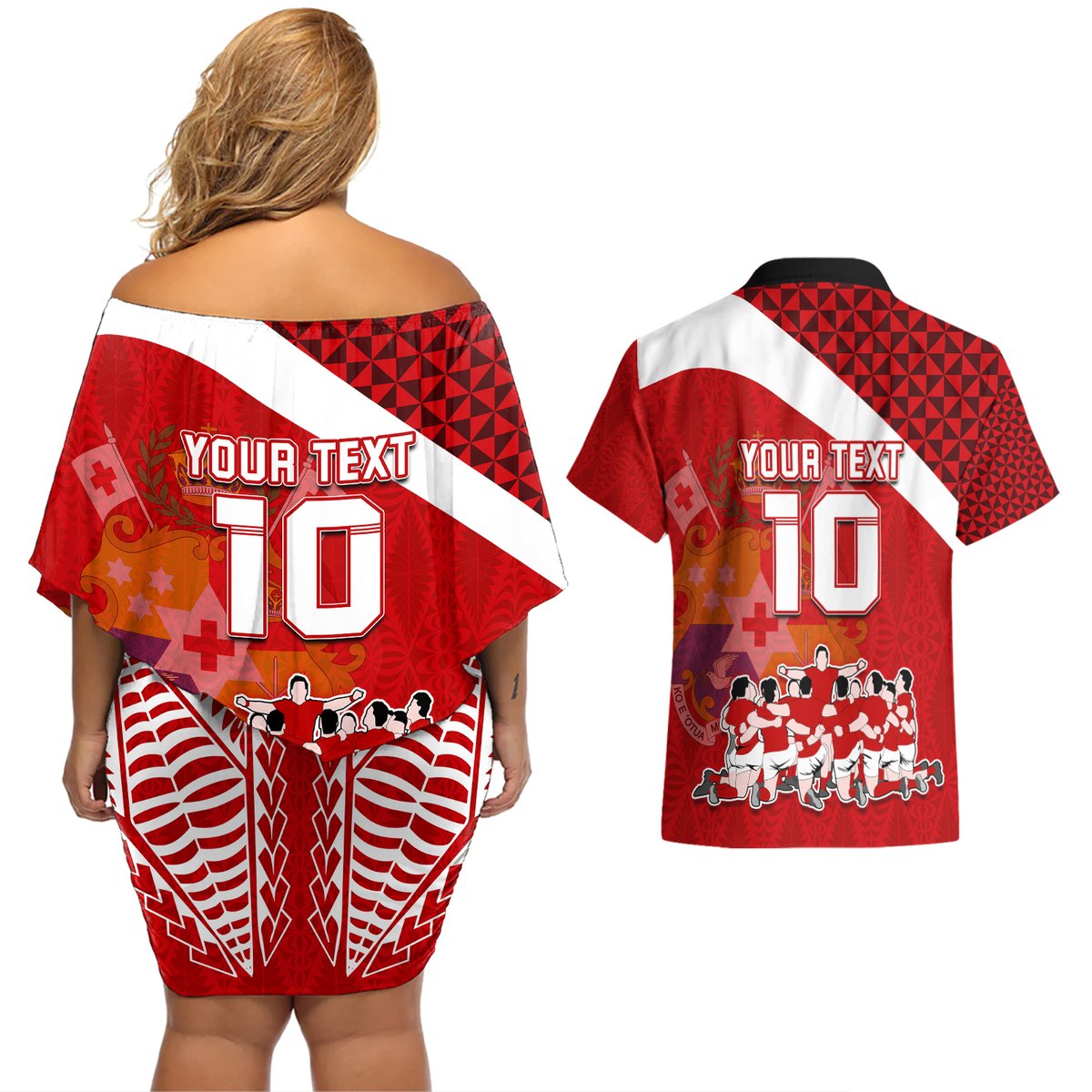 Personalised Tonga Rugby Couples Matching Off Shoulder Short Dress and Hawaiian Shirt Sipi Tau Dance Coat of Arms Ngatu Pattern LT03 - Polynesian Pride