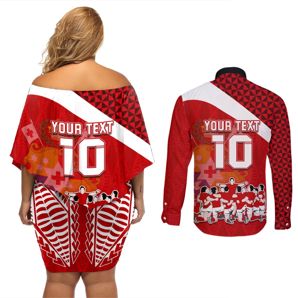 Personalised Tonga Rugby Couples Matching Off Shoulder Short Dress and Long Sleeve Button Shirts Sipi Tau Dance Coat of Arms Ngatu Pattern LT03 - Polynesian Pride