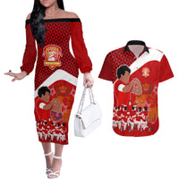 Personalised Tonga Rugby Couples Matching Off The Shoulder Long Sleeve Dress and Hawaiian Shirt Sipi Tau Dance Coat of Arms Ngatu Pattern LT03 Red - Polynesian Pride