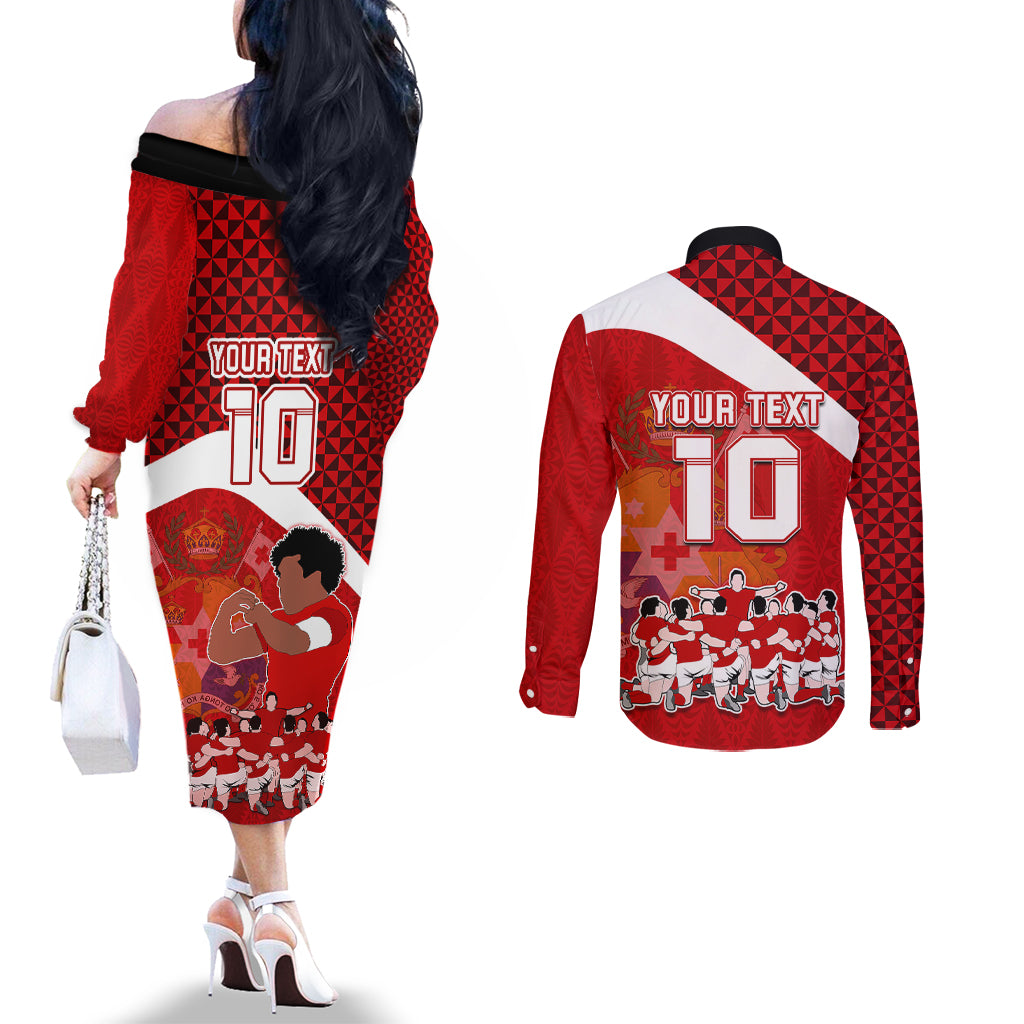 Personalised Tonga Rugby Couples Matching Off The Shoulder Long Sleeve Dress and Long Sleeve Button Shirts Sipi Tau Dance Coat of Arms Ngatu Pattern LT03 - Polynesian Pride