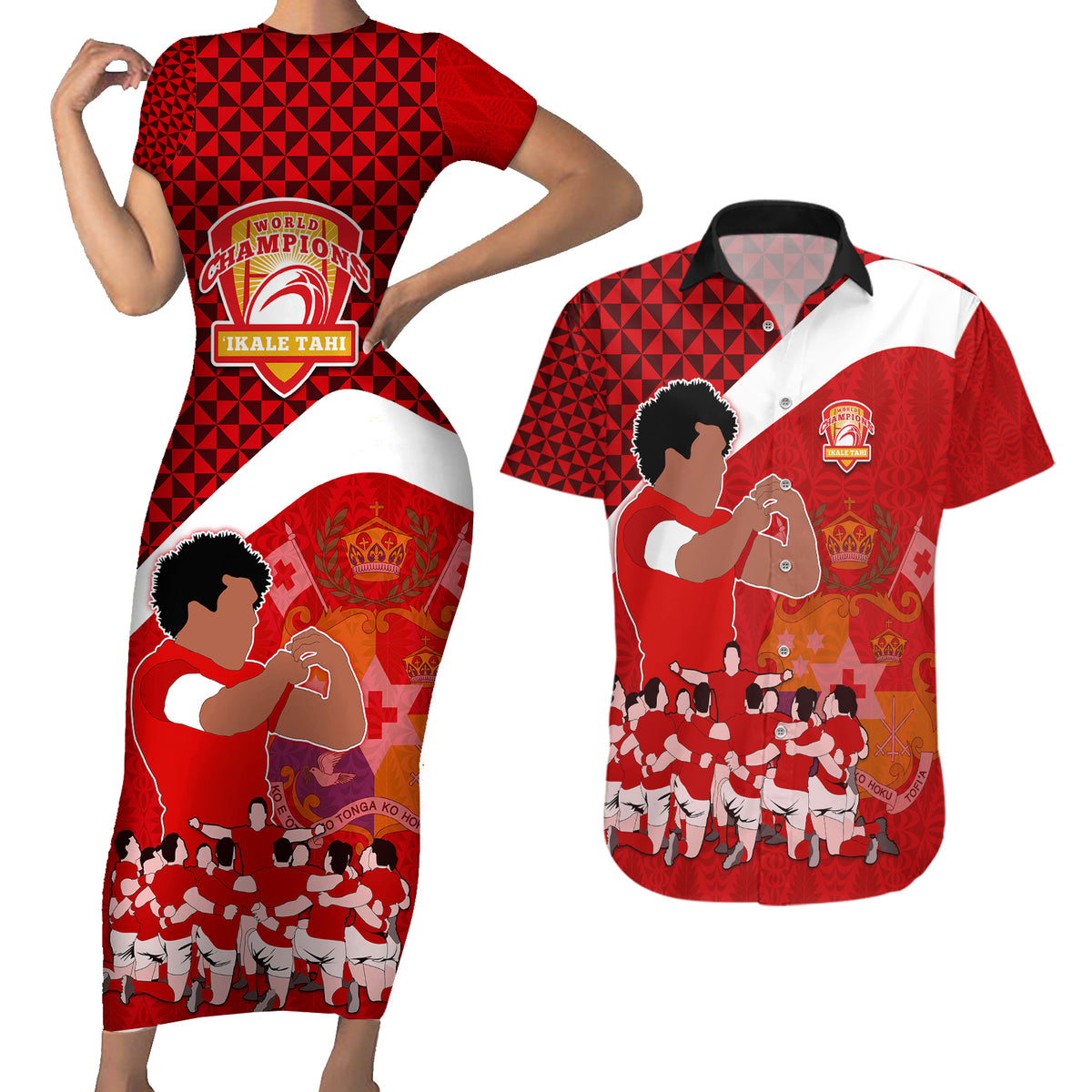 Personalised Tonga Rugby Couples Matching Short Sleeve Bodycon Dress and Hawaiian Shirt Sipi Tau Dance Coat of Arms Ngatu Pattern LT03 Red - Polynesian Pride