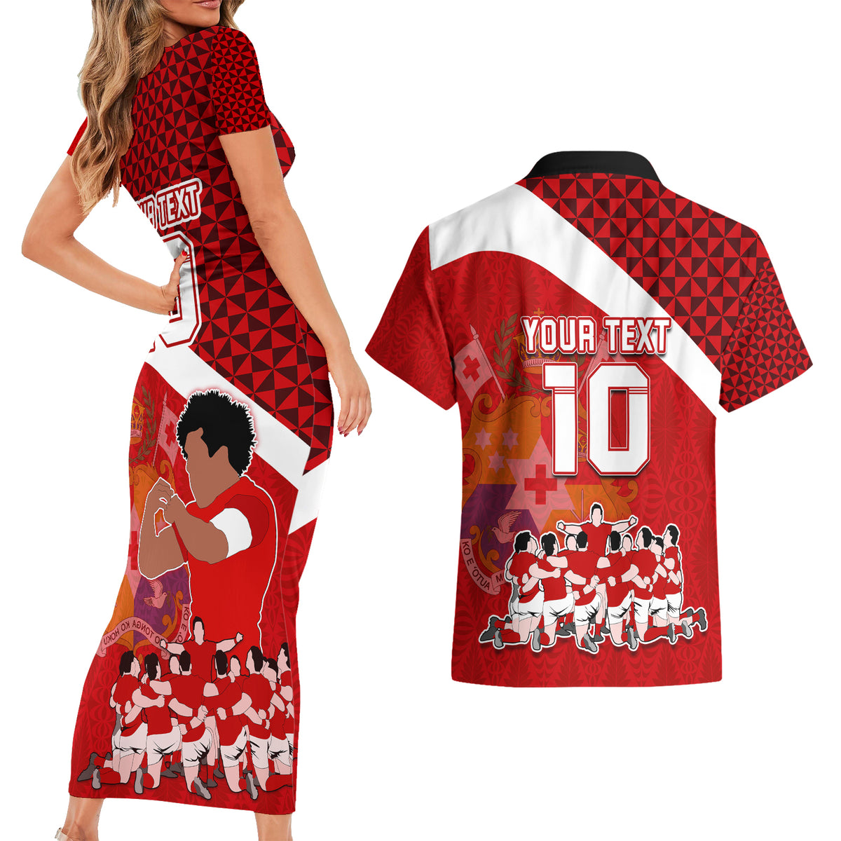 Personalised Tonga Rugby Couples Matching Short Sleeve Bodycon Dress and Hawaiian Shirt Sipi Tau Dance Coat of Arms Ngatu Pattern LT03 - Polynesian Pride