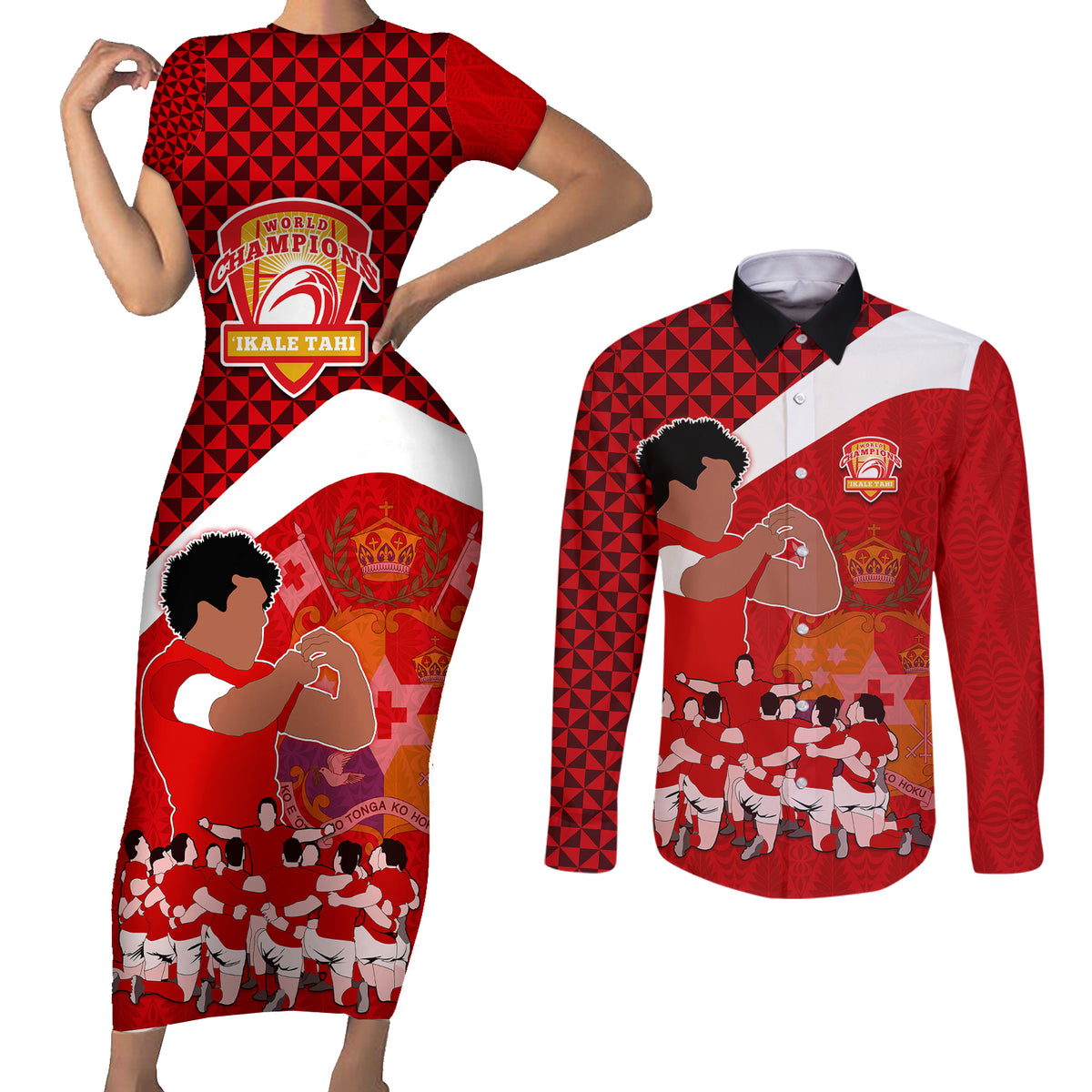 Personalised Tonga Rugby Couples Matching Short Sleeve Bodycon Dress and Long Sleeve Button Shirts Sipi Tau Dance Coat of Arms Ngatu Pattern LT03 Red - Polynesian Pride