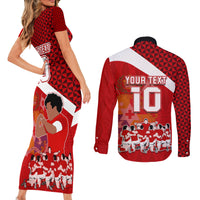 Personalised Tonga Rugby Couples Matching Short Sleeve Bodycon Dress and Long Sleeve Button Shirts Sipi Tau Dance Coat of Arms Ngatu Pattern LT03 - Polynesian Pride