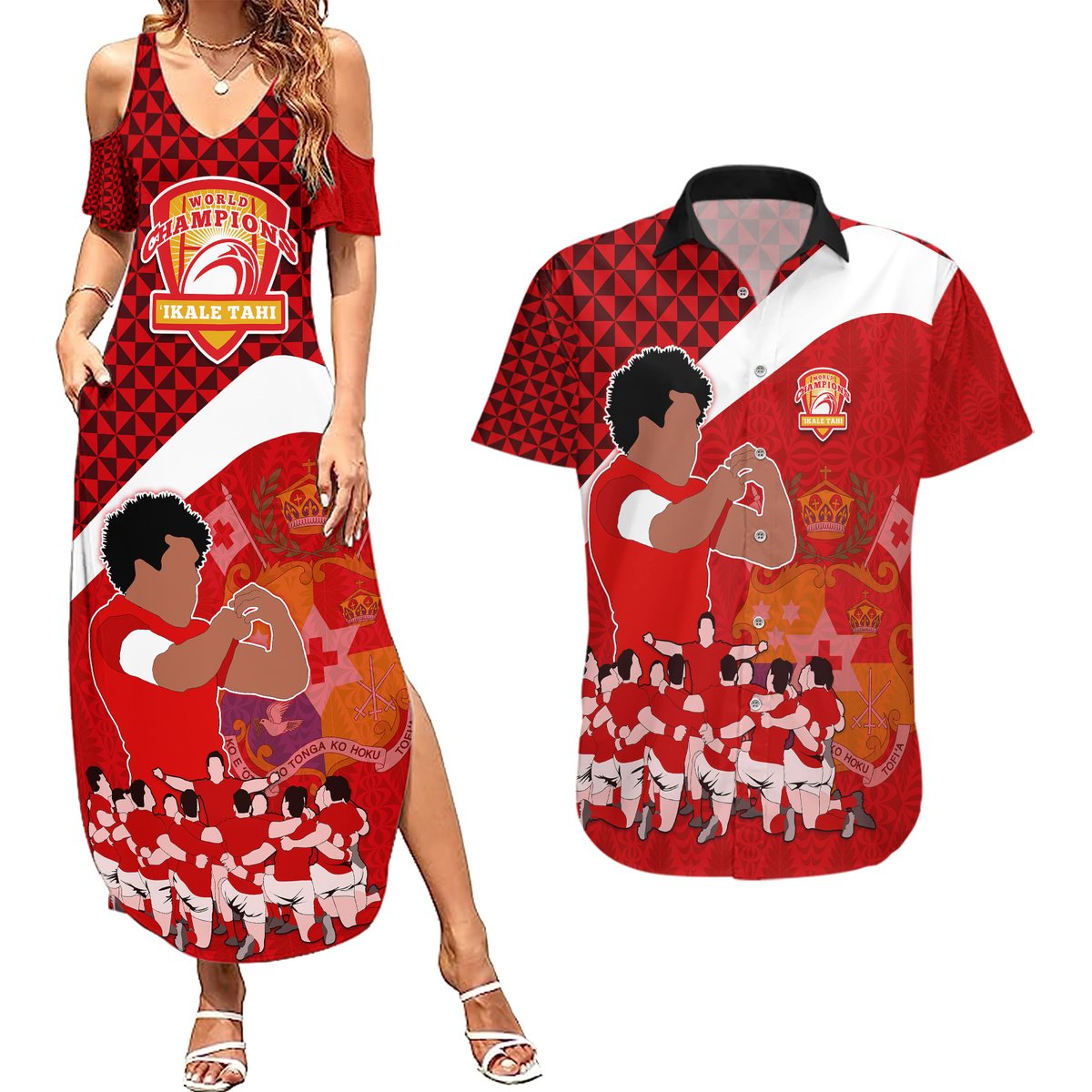 Personalised Tonga Rugby Couples Matching Summer Maxi Dress and Hawaiian Shirt Sipi Tau Dance Coat of Arms Ngatu Pattern LT03 Red - Polynesian Pride