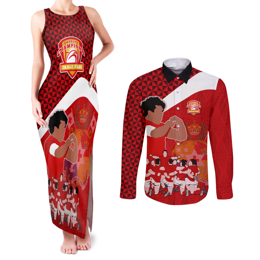 Personalised Tonga Rugby Couples Matching Tank Maxi Dress and Long Sleeve Button Shirts Sipi Tau Dance Coat of Arms Ngatu Pattern LT03 Red - Polynesian Pride