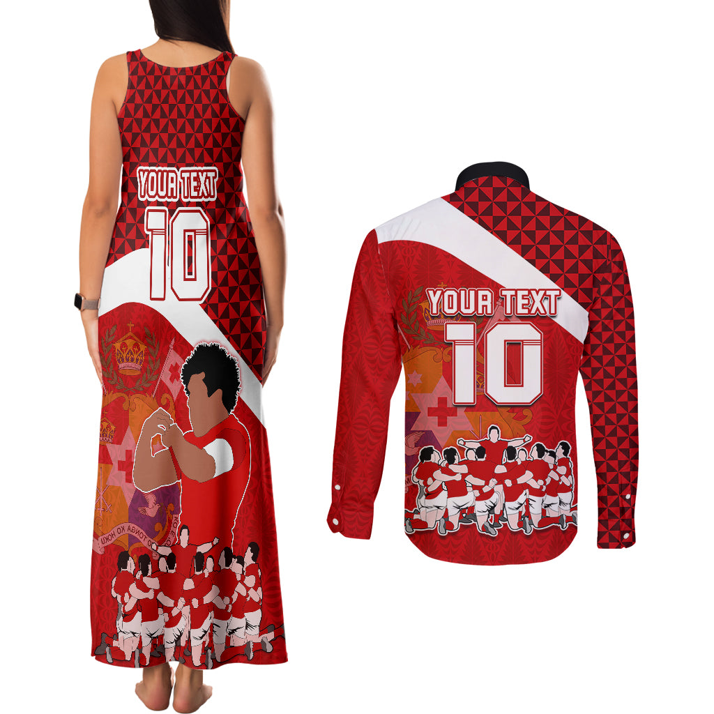 Personalised Tonga Rugby Couples Matching Tank Maxi Dress and Long Sleeve Button Shirts Sipi Tau Dance Coat of Arms Ngatu Pattern LT03 - Polynesian Pride