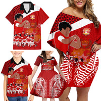 Personalised Tonga Rugby Family Matching Off Shoulder Short Dress and Hawaiian Shirt Sipi Tau Dance Coat of Arms Ngatu Pattern LT03 - Polynesian Pride