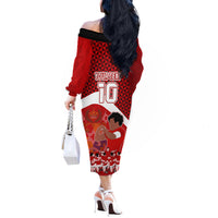 Personalised Tonga Rugby Off The Shoulder Long Sleeve Dress Sipi Tau Dance Coat of Arms Ngatu Pattern LT03 - Polynesian Pride