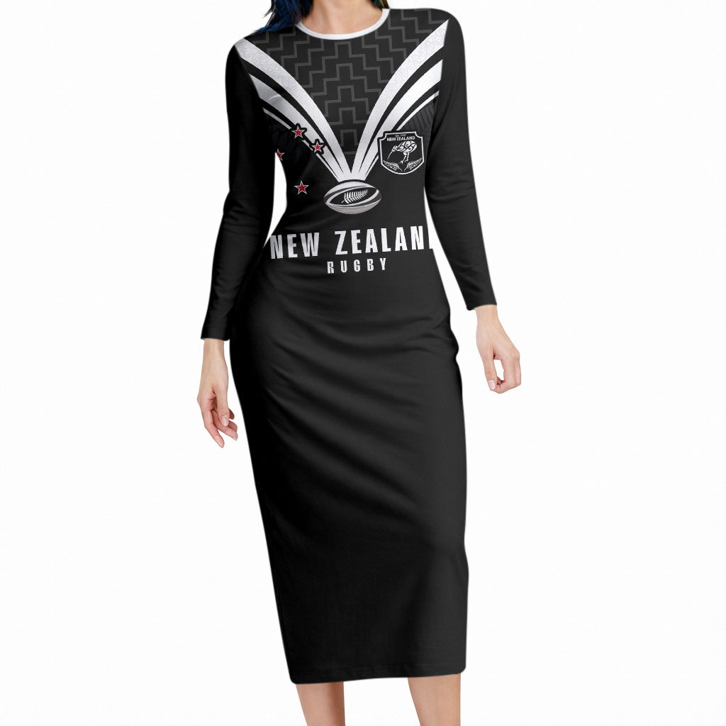 New Zealand Maori Rugby Custom Long Sleeve Bodycon Dress Aotearoa Tribal Motif Retro Concept LT03 Long Dress Black - Polynesian Pride