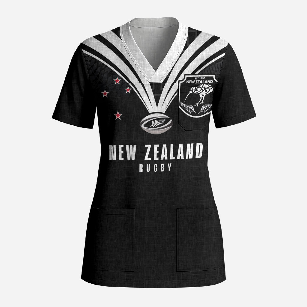 New Zealand Maori Rugby Custom Scrub Top Aotearoa Tribal Motif Retro Concept LT03 Adult Black - Polynesian Pride