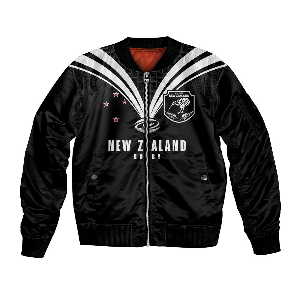New Zealand Maori Rugby Custom Sleeve Zip Bomber Jacket Aotearoa Tribal Motif Retro Concept LT03 Unisex Black - Polynesian Pride