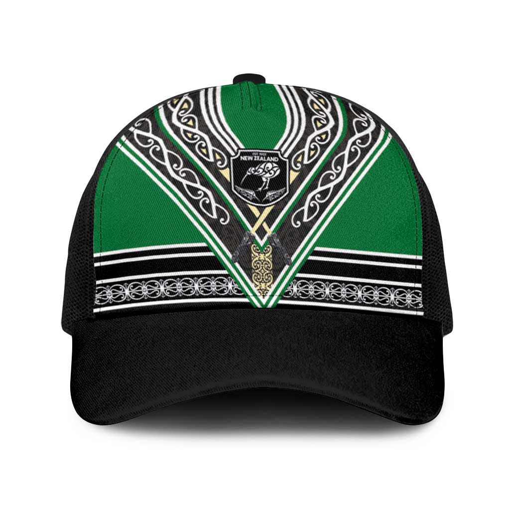New Zealand Maori Rugby Baseball Net Cap Aotearoa Koru Geometric - Naturalistic Green LT03 One Size Black Green - Polynesian Pride