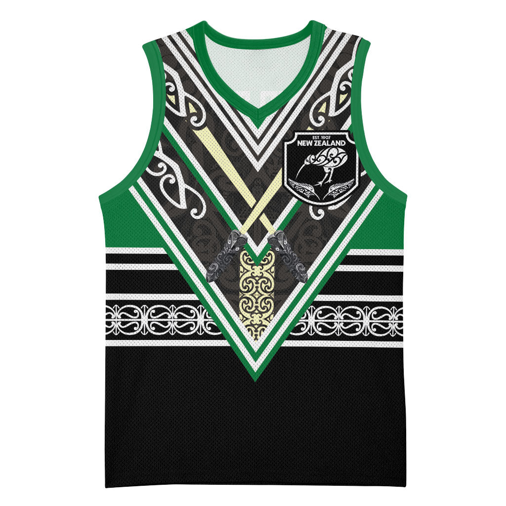 New Zealand Maori Rugby Custom Basketball Jersey Aotearoa Koru Geometric - Naturalistic Green LT03 Unisex Green - Polynesian Pride