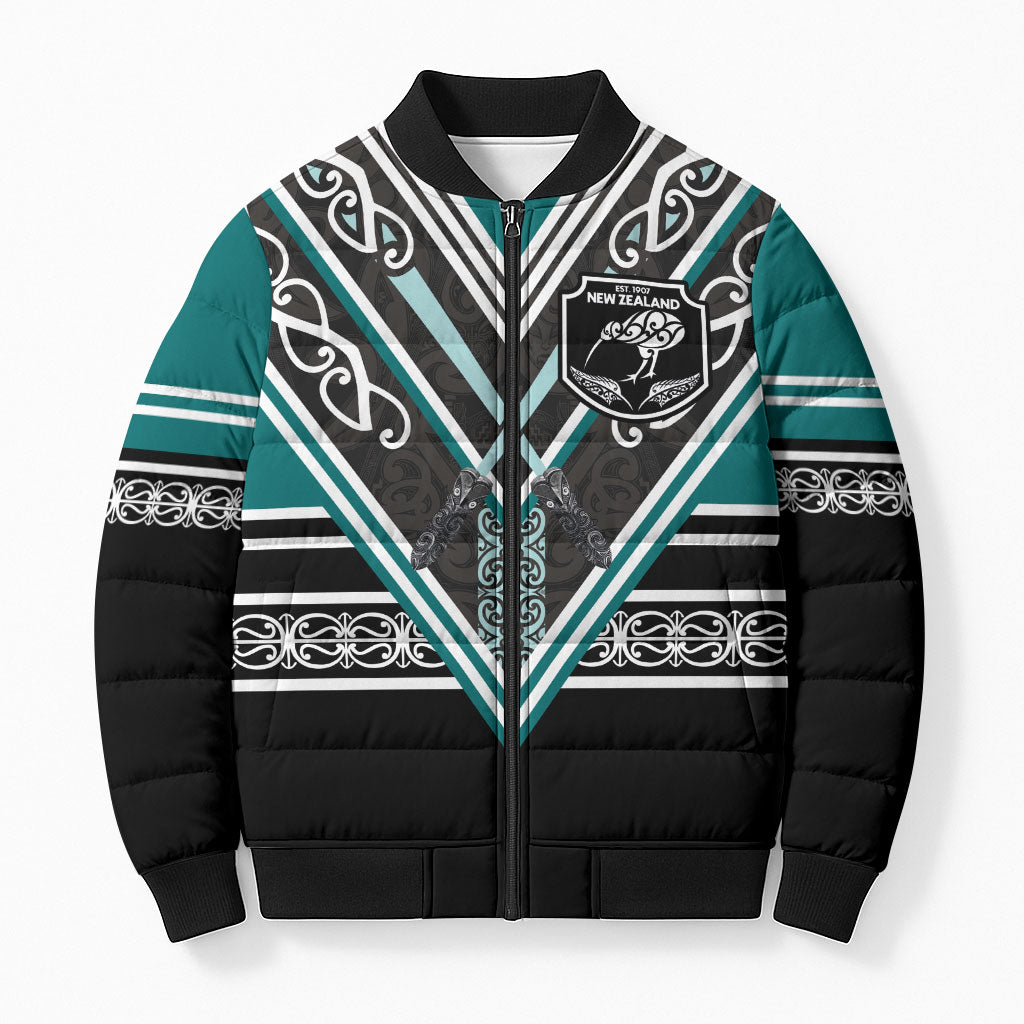 New Zealand Maori Rugby Custom Bomber Puffer Jacket Aotearoa Koru Geometric - Oceanic Color LT03 Unisex Turquoise - Polynesian Pride