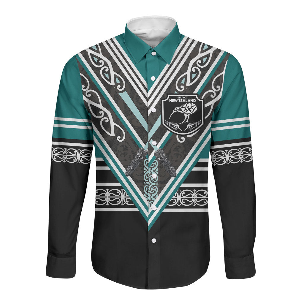 New Zealand Maori Rugby Custom Long Sleeve Button Shirt Aotearoa Koru Geometric - Oceanic Color LT03 Unisex Turquoise - Polynesian Pride