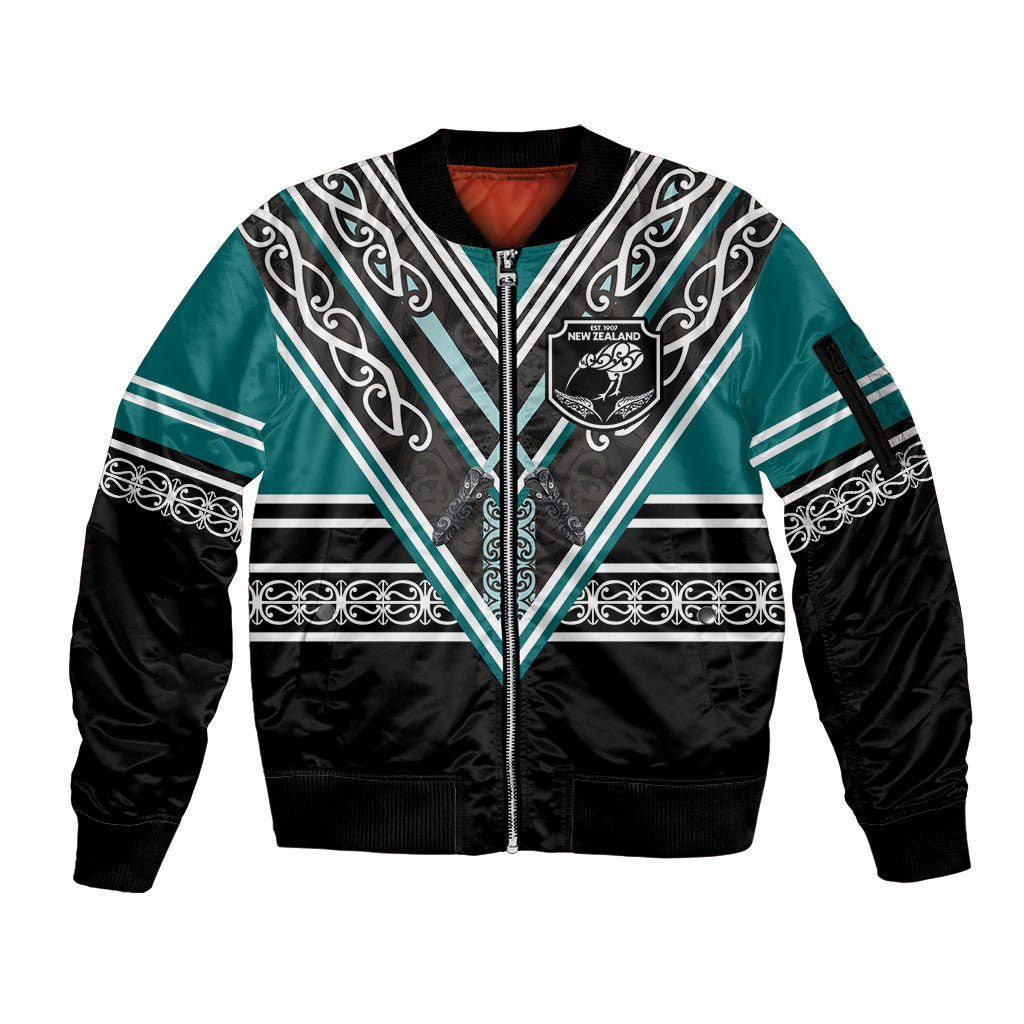 New Zealand Maori Rugby Custom Sleeve Zip Bomber Jacket Aotearoa Koru Geometric - Oceanic Color LT03 Unisex Turquoise - Polynesian Pride