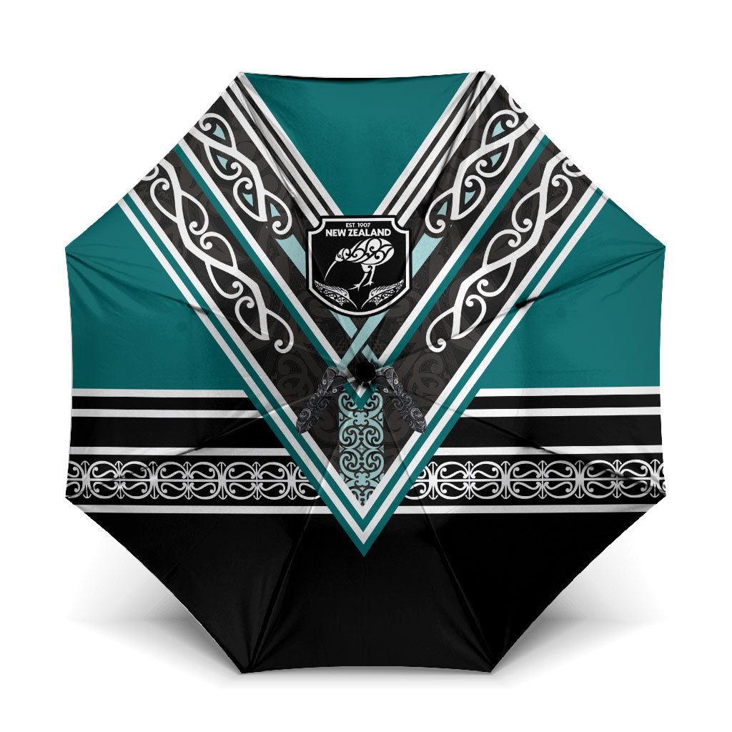 New Zealand Maori Rugby Umbrella Aotearoa Koru Geometric - Oceanic Color LT03 One Size Folded 11.42 inch Opened Diameter 37.4 inch Turquoise - Polynesian Pride