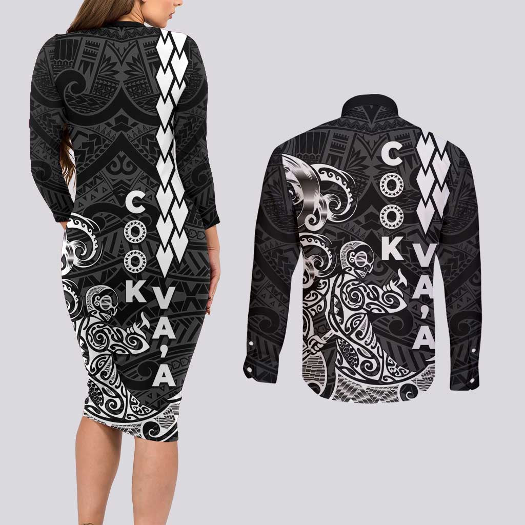 Cook Islands Va'a Polynesian Art Tattoo Couples Matching Long Sleeve Bodycon Dress and Long Sleeve Button Shirt Black Color LT03 - Polynesian Pride
