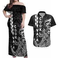 Cook Islands Va'a Polynesian Art Tattoo Couples Matching Off Shoulder Maxi Dress and Hawaiian Shirt Black Color LT03 Black - Polynesian Pride