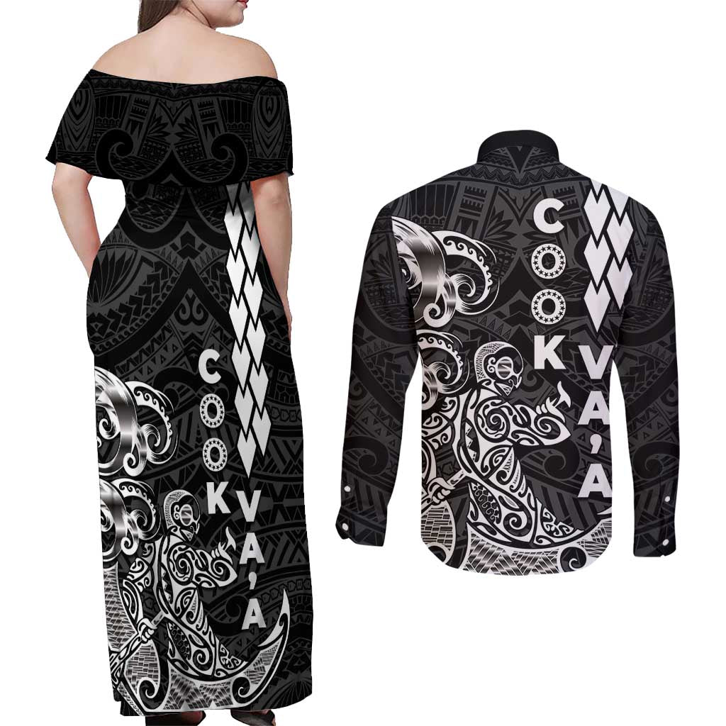 Cook Islands Va'a Polynesian Art Tattoo Couples Matching Off Shoulder Maxi Dress and Long Sleeve Button Shirt Black Color LT03 - Polynesian Pride