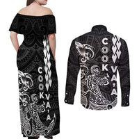Cook Islands Va'a Polynesian Art Tattoo Couples Matching Off Shoulder Maxi Dress and Long Sleeve Button Shirt Black Color LT03 - Polynesian Pride