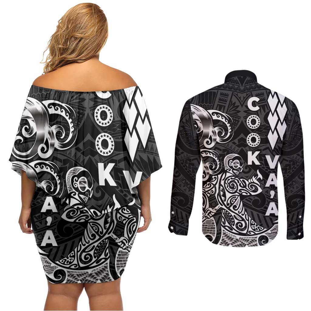 Cook Islands Va'a Polynesian Art Tattoo Couples Matching Off Shoulder Short Dress and Long Sleeve Button Shirt Black Color LT03 - Polynesian Pride
