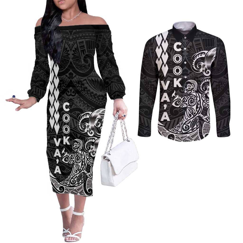 Cook Islands Va'a Polynesian Art Tattoo Couples Matching Off The Shoulder Long Sleeve Dress and Long Sleeve Button Shirt Black Color LT03 Black - Polynesian Pride
