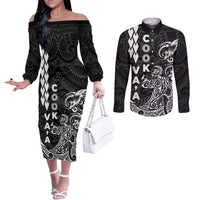 Cook Islands Va'a Polynesian Art Tattoo Couples Matching Off The Shoulder Long Sleeve Dress and Long Sleeve Button Shirt Black Color LT03 Black - Polynesian Pride