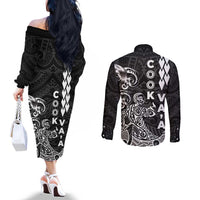 Cook Islands Va'a Polynesian Art Tattoo Couples Matching Off The Shoulder Long Sleeve Dress and Long Sleeve Button Shirt Black Color LT03 - Polynesian Pride