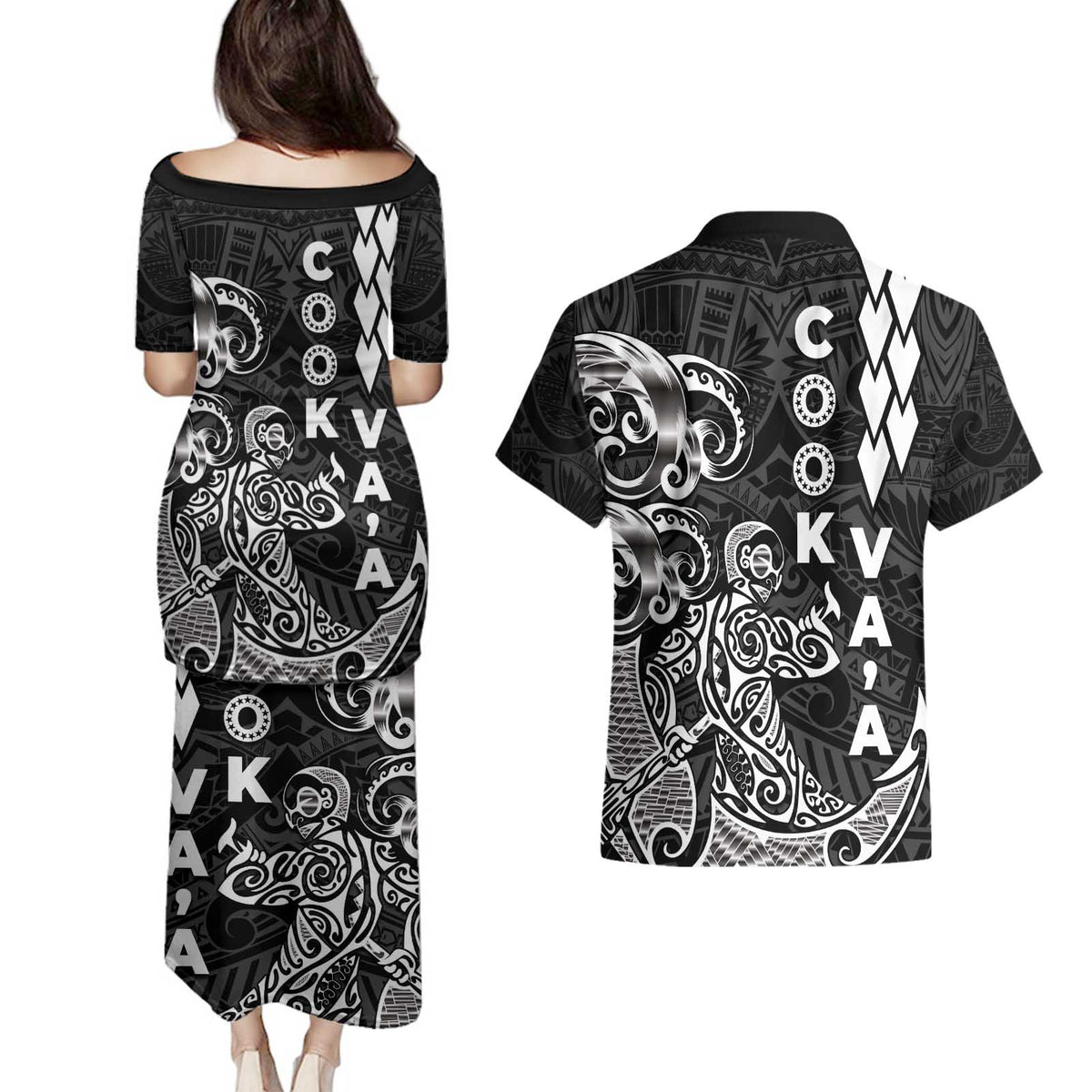Cook Islands Va'a Polynesian Art Tattoo Couples Matching Puletasi and Hawaiian Shirt Black Color LT03 - Polynesian Pride