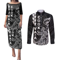 Cook Islands Vaa Polynesian Art Tattoo Couples Matching Puletasi and Long Sleeve Button Shirt Black Color
