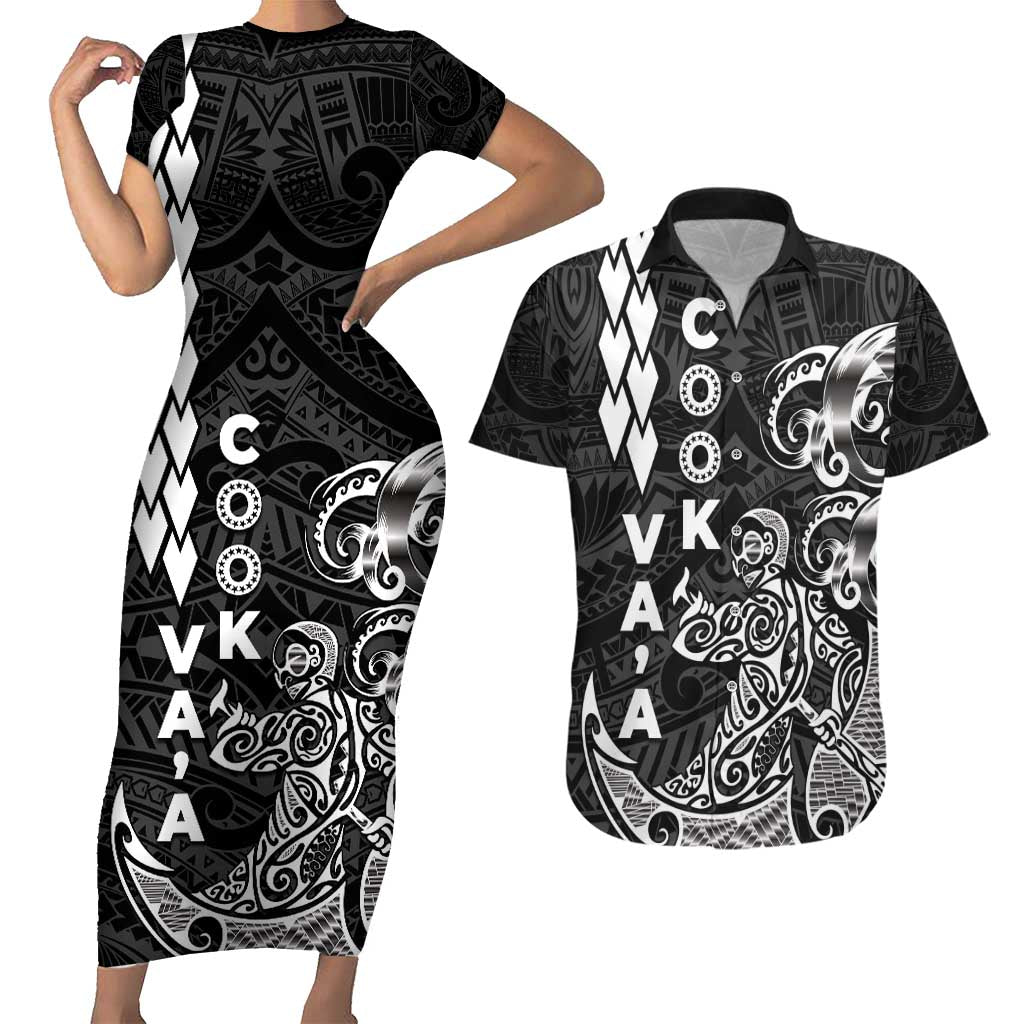 Cook Islands Va'a Polynesian Art Tattoo Couples Matching Short Sleeve Bodycon Dress and Hawaiian Shirt Black Color LT03 Black - Polynesian Pride