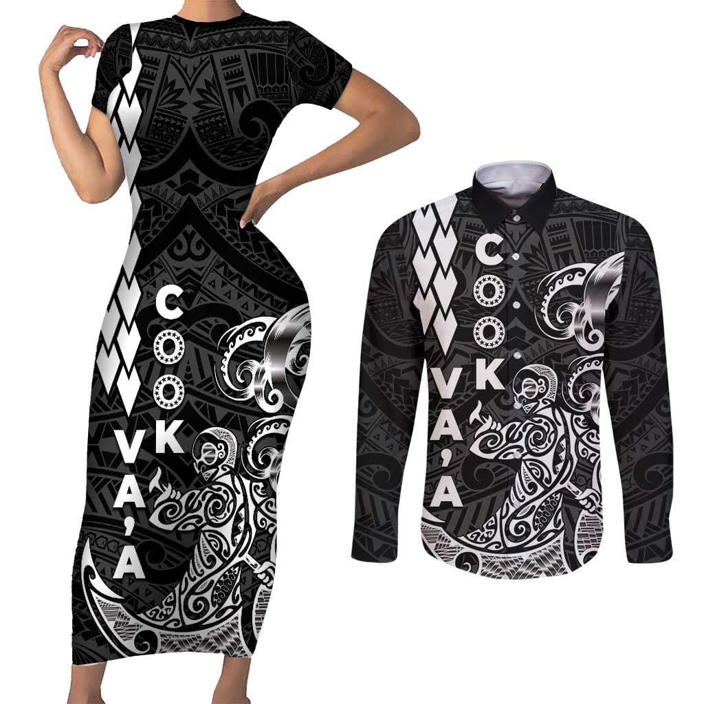 Cook Islands Va'a Polynesian Art Tattoo Couples Matching Short Sleeve Bodycon Dress and Long Sleeve Button Shirt Black Color LT03 Black - Polynesian Pride