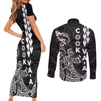 Cook Islands Va'a Polynesian Art Tattoo Couples Matching Short Sleeve Bodycon Dress and Long Sleeve Button Shirt Black Color LT03 - Polynesian Pride