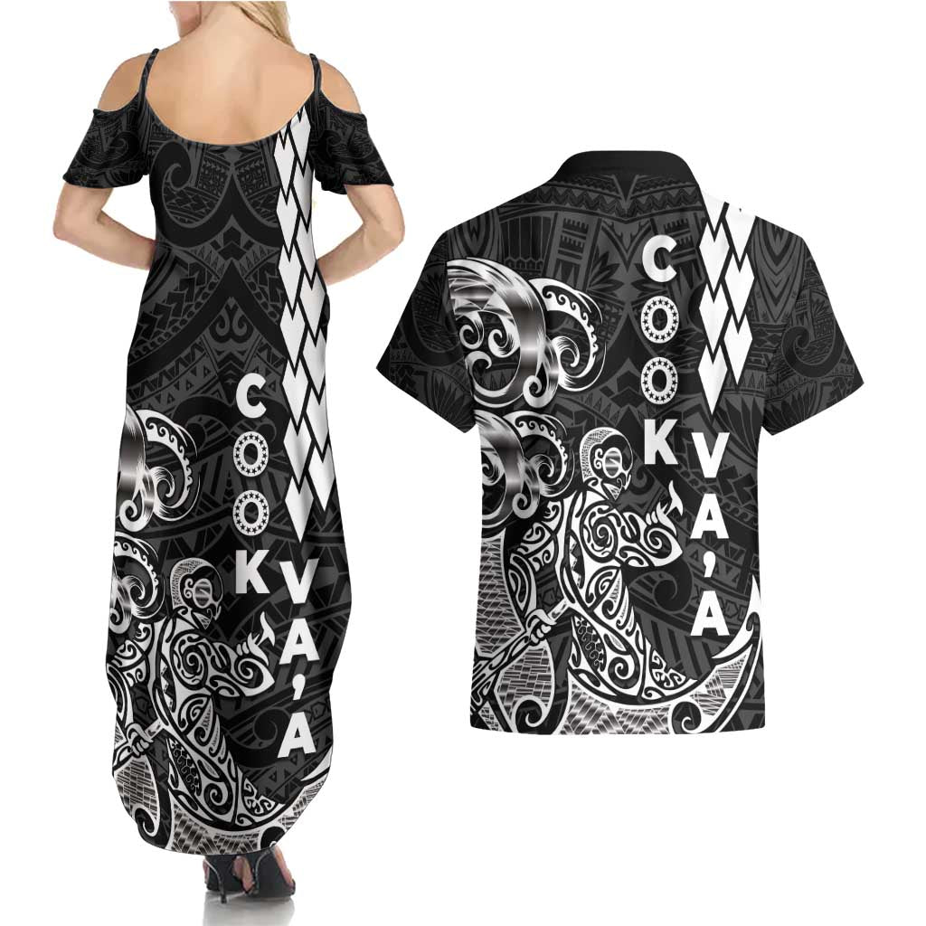 Cook Islands Va'a Polynesian Art Tattoo Couples Matching Summer Maxi Dress and Hawaiian Shirt Black Color LT03 - Polynesian Pride